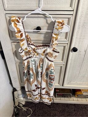 Smocked Ruffle Strap Sundress in Cream with Mustard & Teal Print